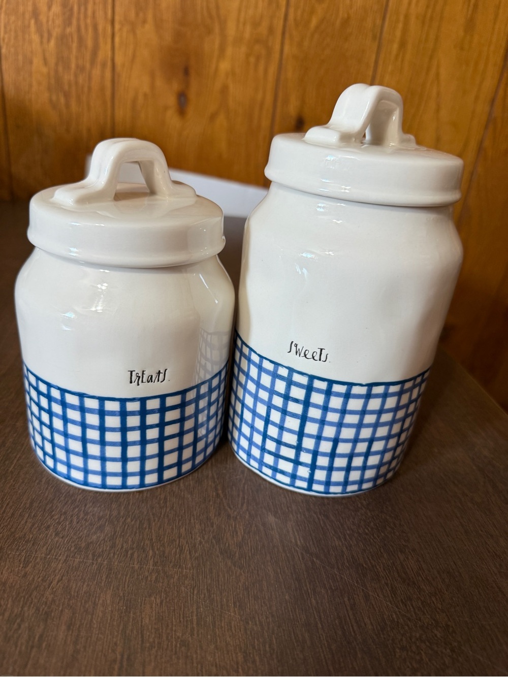 Rae Dunn Blue Gingham Plaid Treats and Sweets Canisters Set of 2 READ